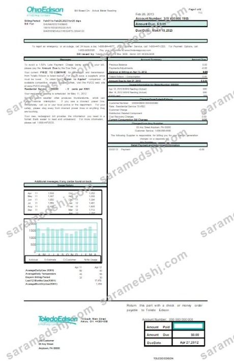USA OHIO EDISON utility bill Word and PDF template